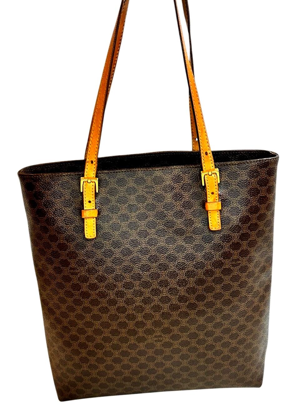 Vintage Celine Macadam Coated Canvas Tote Brown Leather Dust Bag Italy